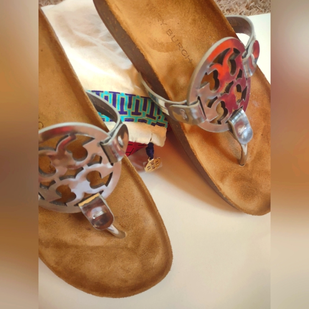 Tory Burch sandals, Miller cloud, Mirror metallic calf leather, size 8.5